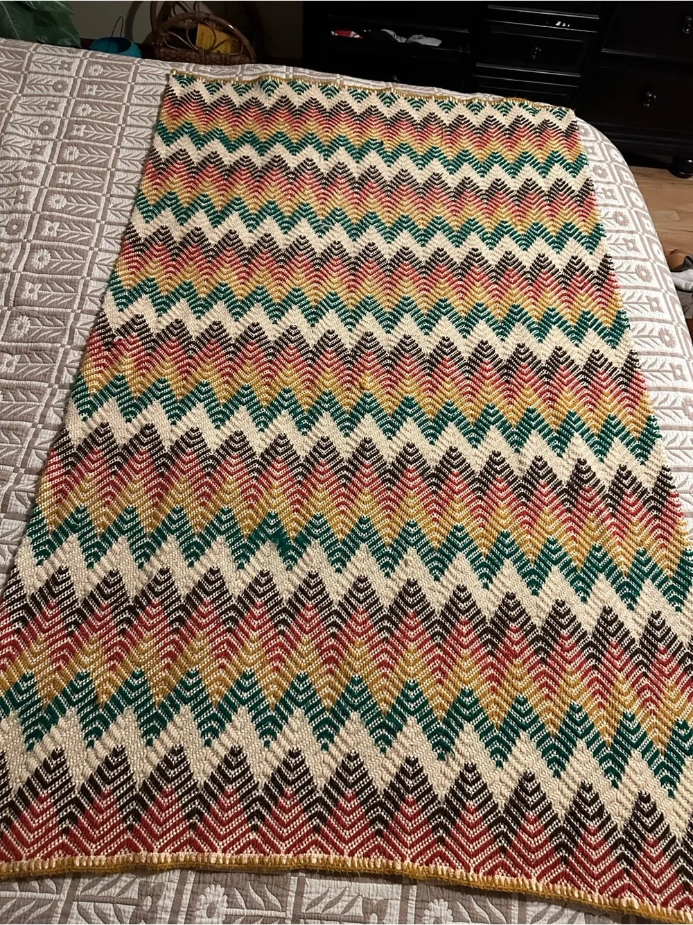 Multicolored vintage 70’s boho throw blanket with chevron stripes